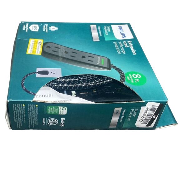 Philips 8ft Extension Cord 3-Outlet Surge Protector Power Strip Elite Black - Picture 4 of 4